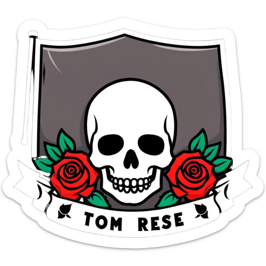 Traditional Americana tattoo art skull with bold outlines, red roses, and a banner sticker