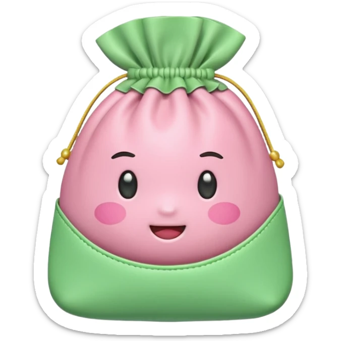 A Korean fortune pouch (bokjumeoni) in iPhone emoji style, pastel pink and light green colors, soft 3D glossy texture, centered, no outlines, transparent background. no face sticker