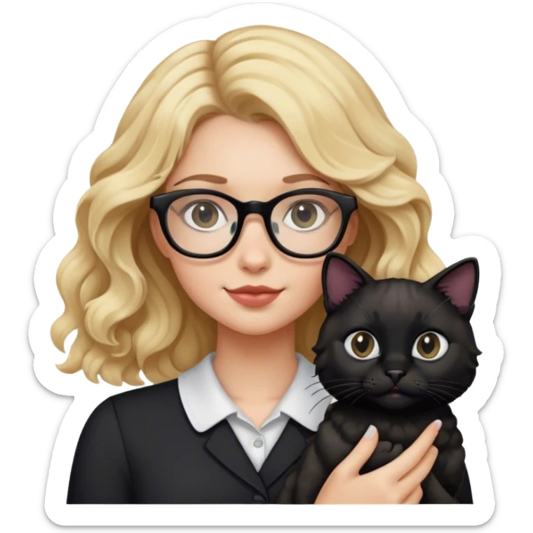 Blonde girl with glasses and wavy hair holding a black cat  sticker