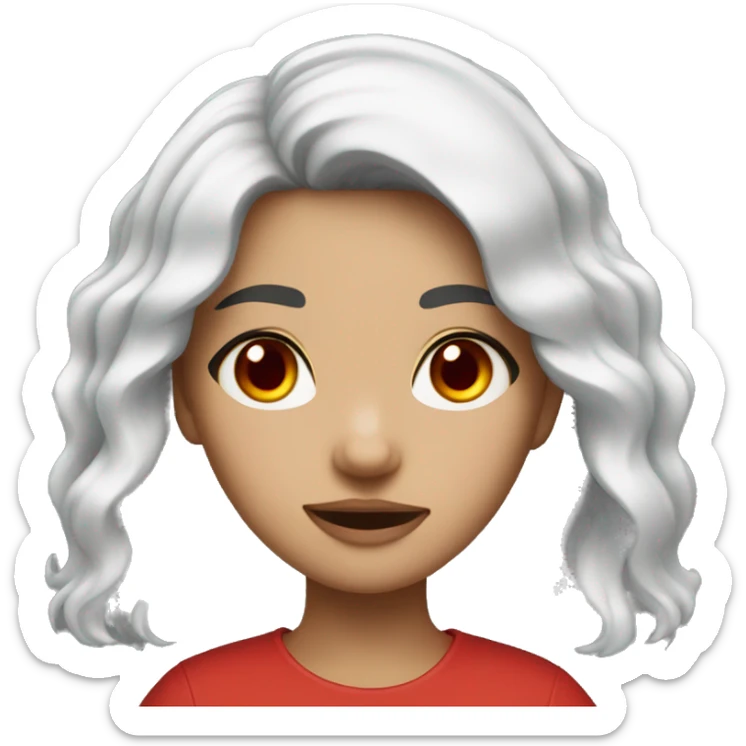 a girl with black hair and red eyes with wavey hair and mad sticker