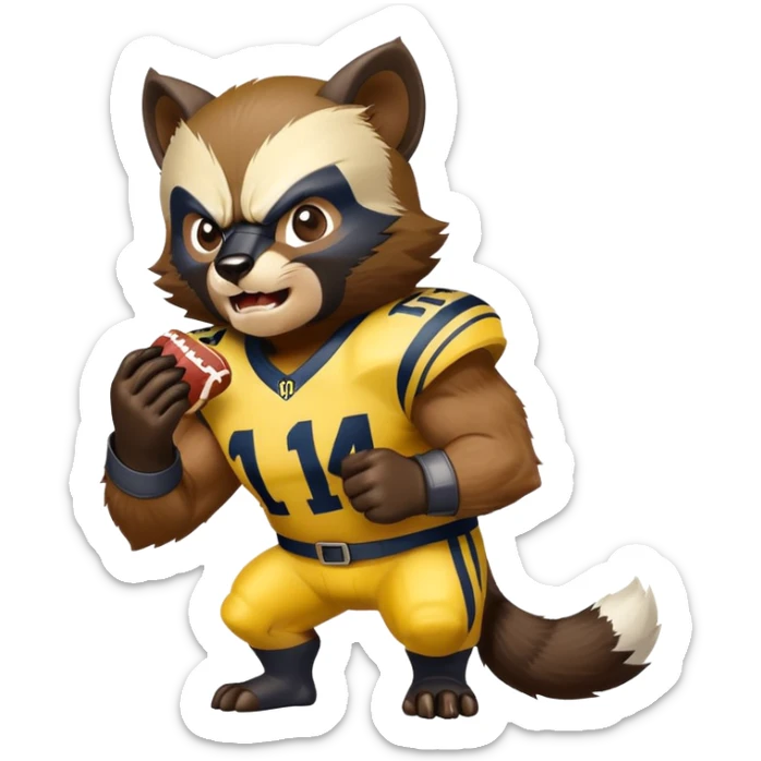 A wolverine animal wearing a Michigan jersey eating Brutus the buckeye sticker