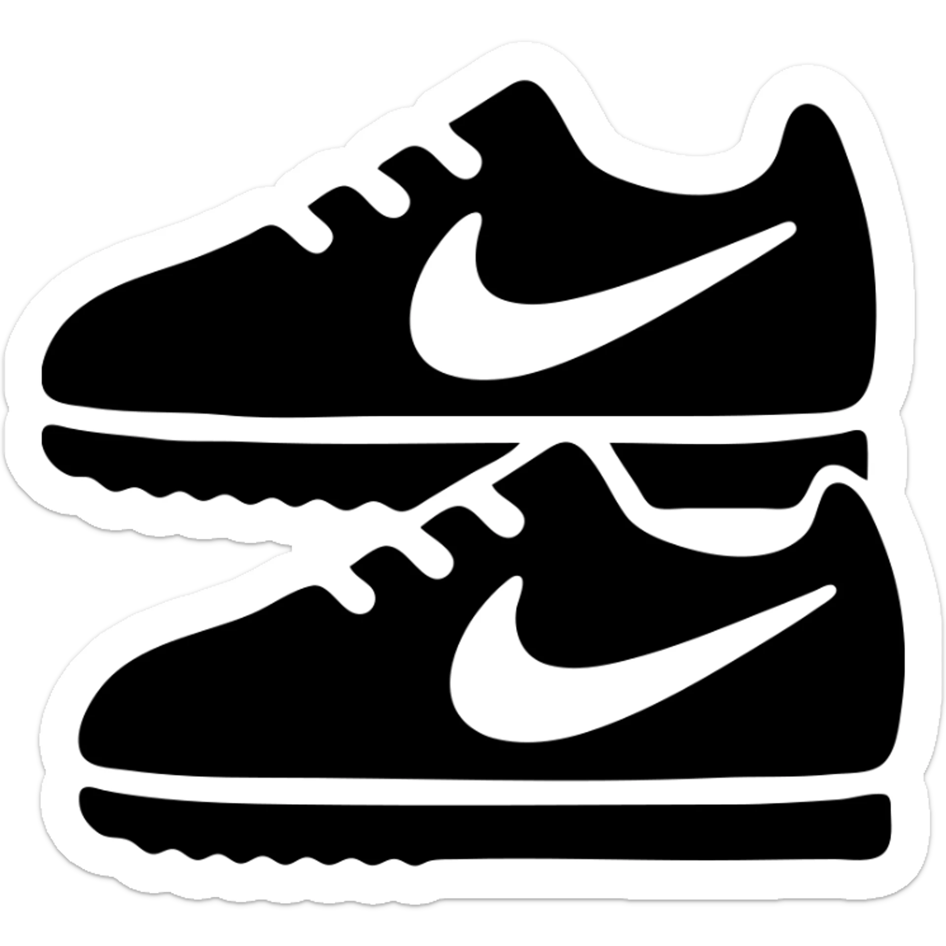 A pair of Nike Cortez sneakers in a black filled icon style, with a minimalist design. sticker