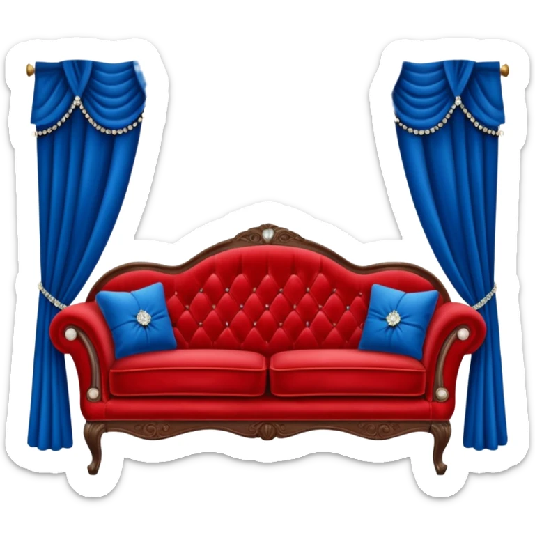 Vintage velvet red red sofa with rhinestone buttons and blue curtains in the background sofa with rhinestones buttons sticker