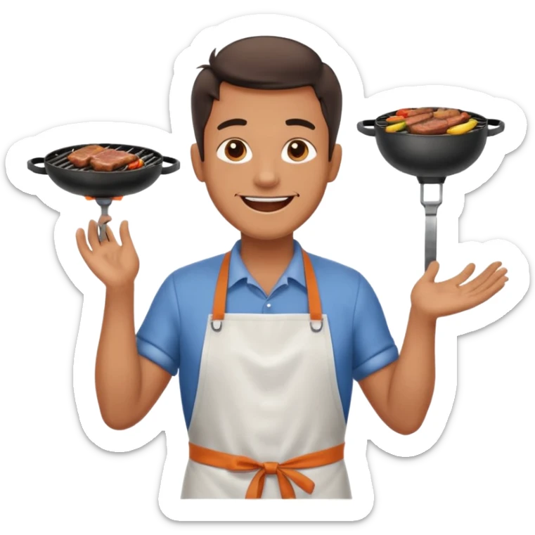 A cheerful man in an apron flipping meat on a sizzling grill with smoke puffing upward. sticker