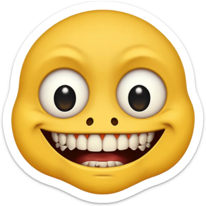 Yellow face emoji with only two teeth white and the rest of the teeth black and rotten, scars on the face and eyes wide with black pupils sticker