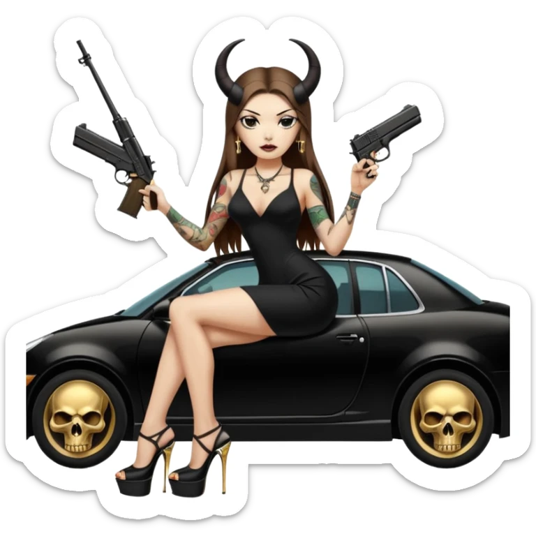 Sensual woman long brown straight haired sexy drug lord woman with tattoos on arm sleeves and black thick butt platform high heels on her feet, and devil black horns on her head, she is holding a skull head and a gun. Sitting on gold car full of cash , long black dress with sexy slit sticker