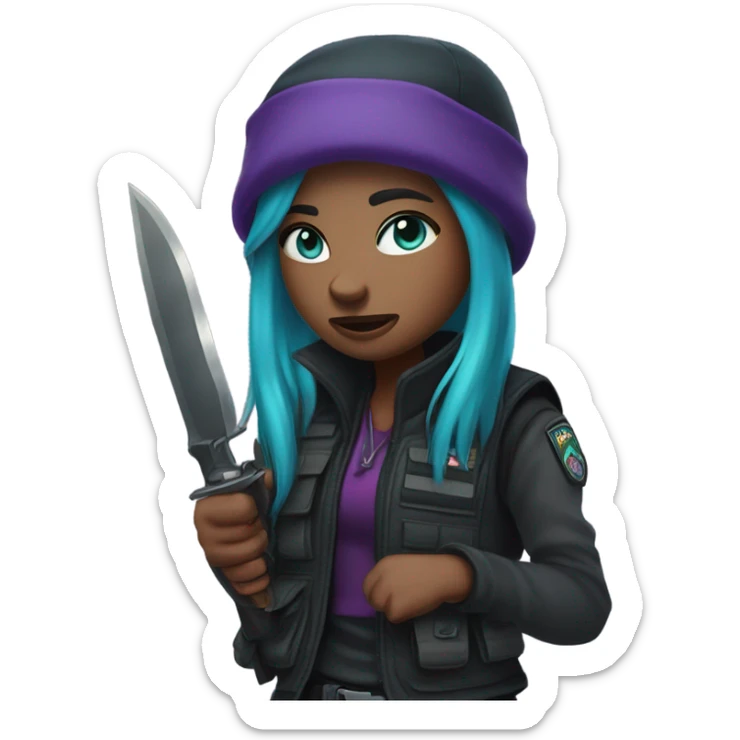 Girl, tactical vest, dark pants, long teal and purple hair, blue eyes, purple beanie hat, knife, black combat boots sticker