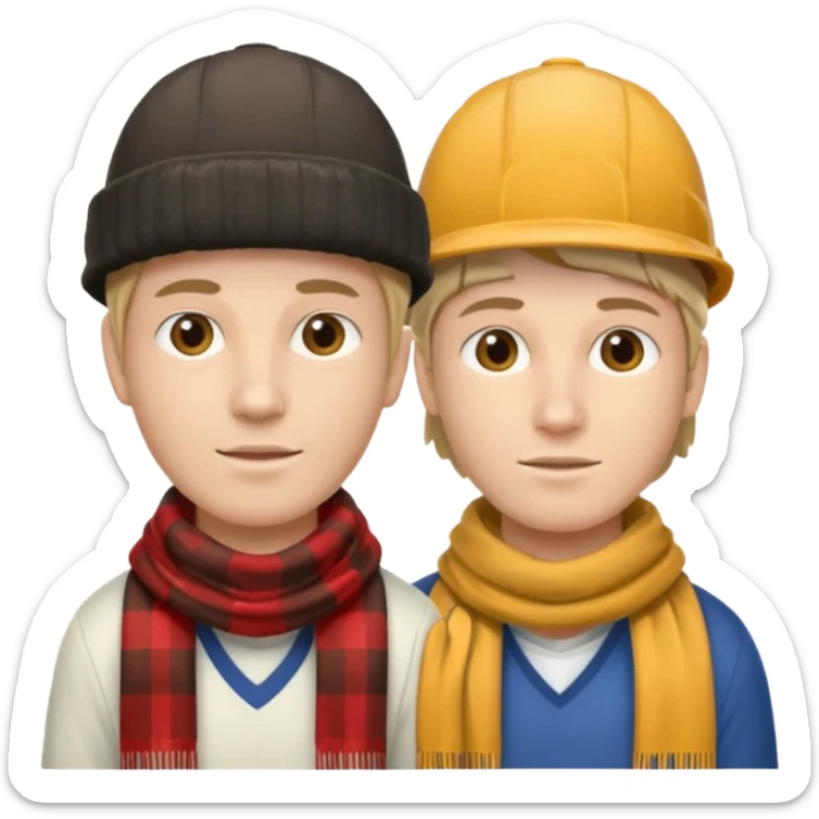 one person with two heads: with one head wearing a loggers hat and the other a football scarf sticker