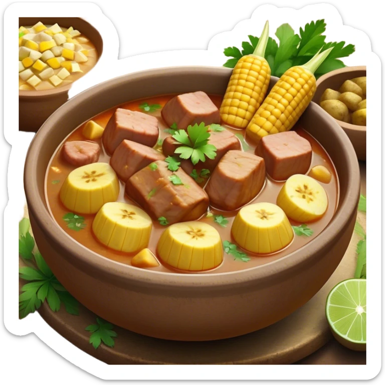 Cinematic Realistic Sancocho Antioqueño Emoji, depicting a hearty Colombian stew brimming with tender cuts of meat, yuca, plantains, corn on the cob, and potatoes in a rich, flavorful broth. Served in a rustic clay bowl with fresh cilantro and lime on the side, rendered with warm, inviting textures and homely, comforting lighting. sticker
