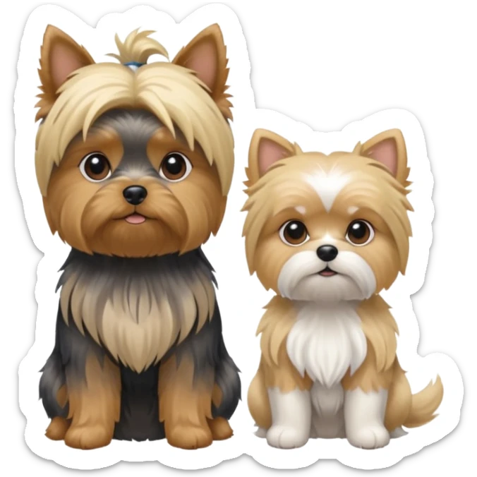 Generate a blue and tan purebred yorkie with a blonde shi tzu yorkie mix sitting next to each kther sticker