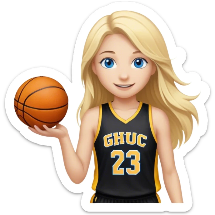 smiling girl with blue eyes and blonde long hair playing basketball with black and yellow jersey with GHC Logo sticker