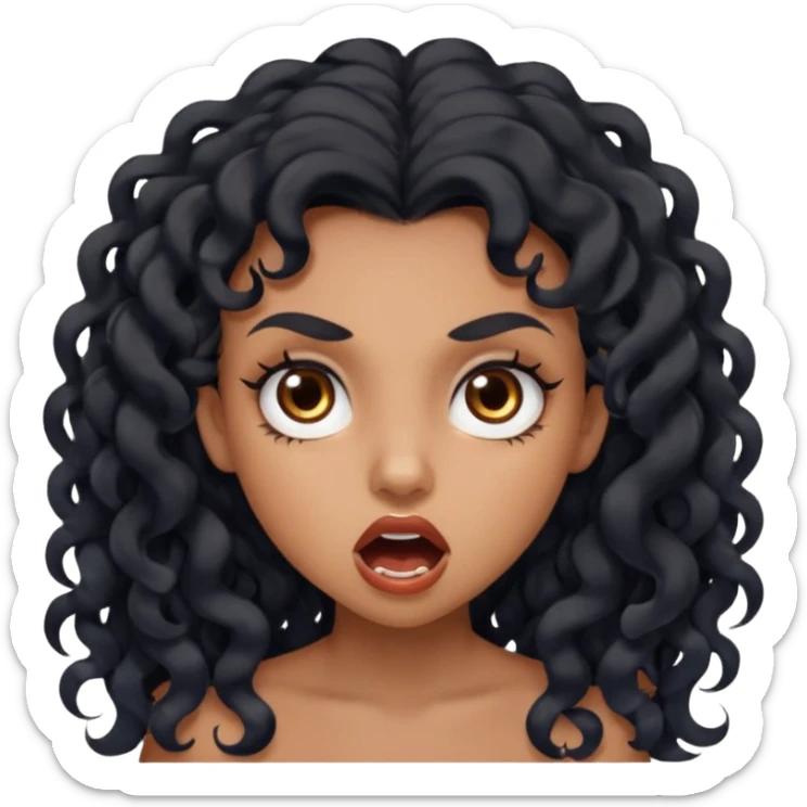 girl with long black curls and brown eyes, brown skin, eyelashes, siren eyes, make her mouth open and mad expression sticker