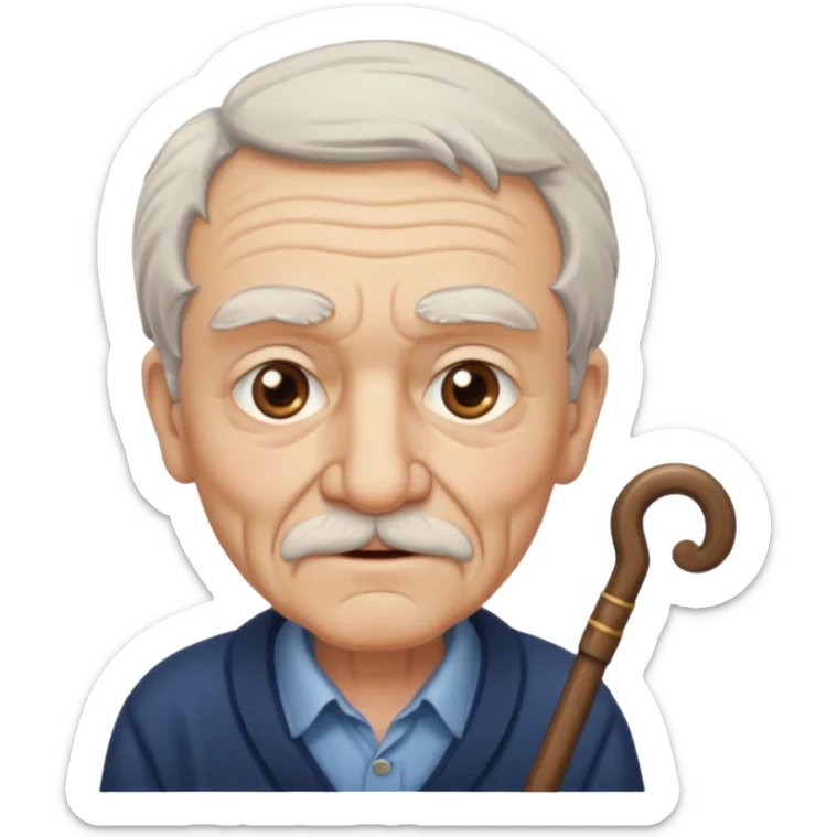 emoji of a great-grandfather, very old man, with a cane, bushy white eyebrows, wrinkled face sticker