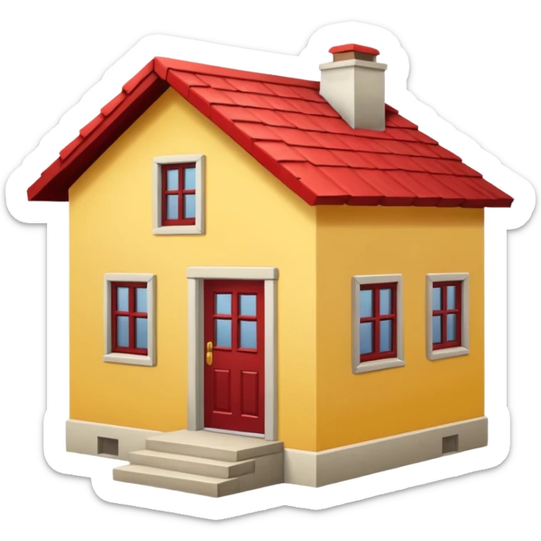Front seight of a simple yellow house with a red roof, a simple door. Two steps in Front of the door, two windows sticker