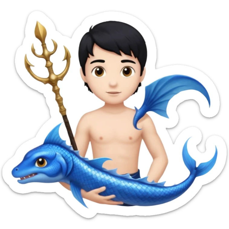 boy, black hair, brown eyes, white skin, Triton, with Triton in hand and blue Triton tail  sticker