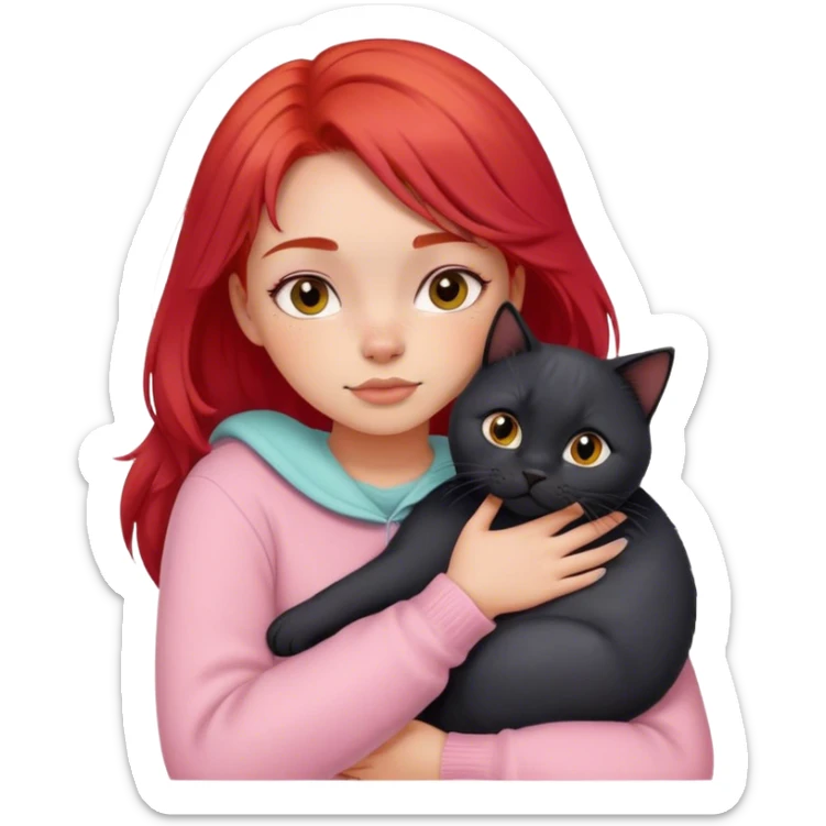 
a girl with red hair in pastel clothes hugs a black British cat sticker