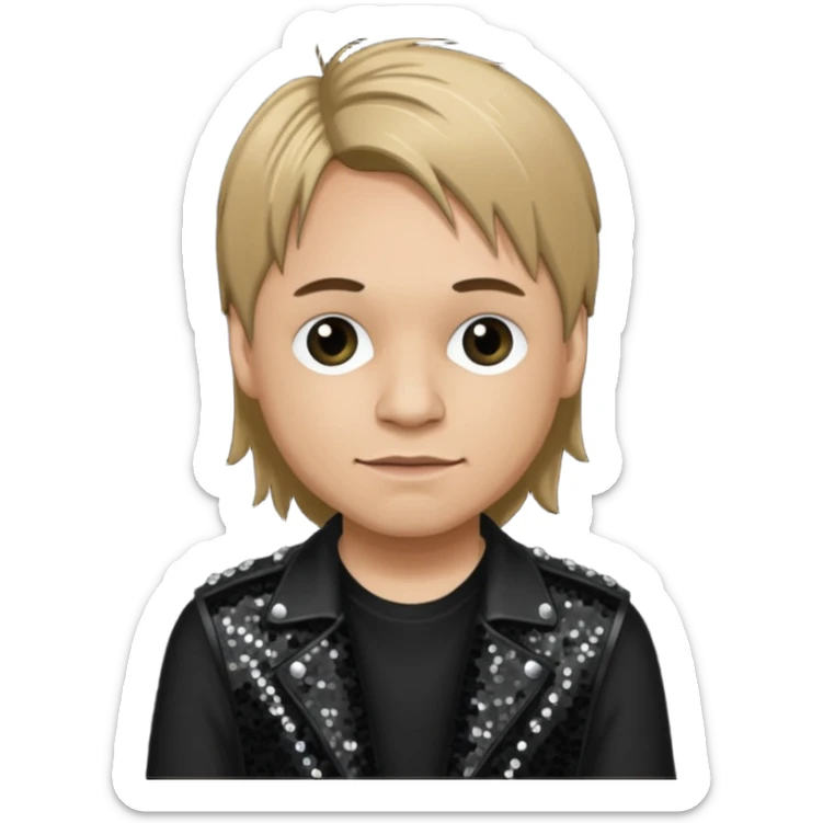 Ray Luzier from Korn with dark blonde hair, light skin, black sequin outfit sticker