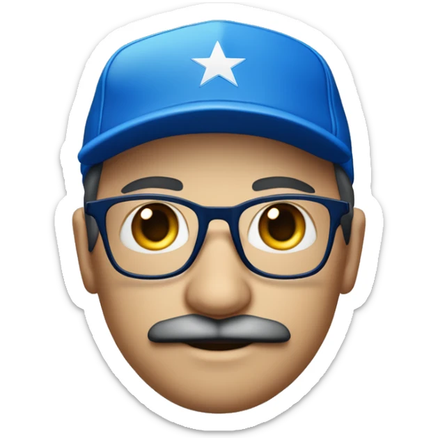 Homme européen yeux bleus avec une moustache portant des lunettes bleues  une casquette jordan bleu un survêtement bleu sticker