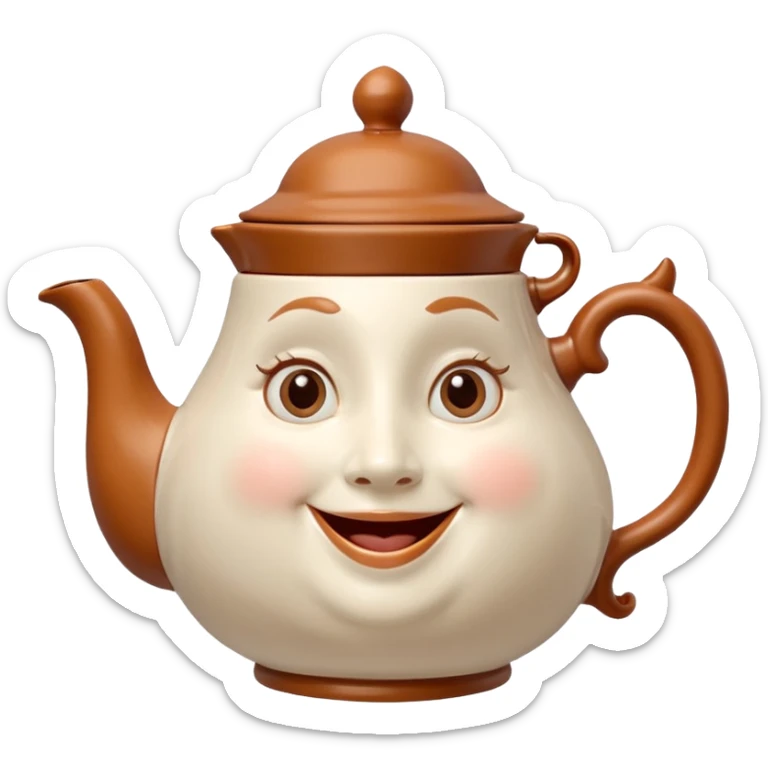 A character from the fairy tale Beauty and the Beast: Mrs. Potts, the lady who was turned into a teapot. She retains the teapot's original form, with an anthropomorphic face on the teapot. sticker