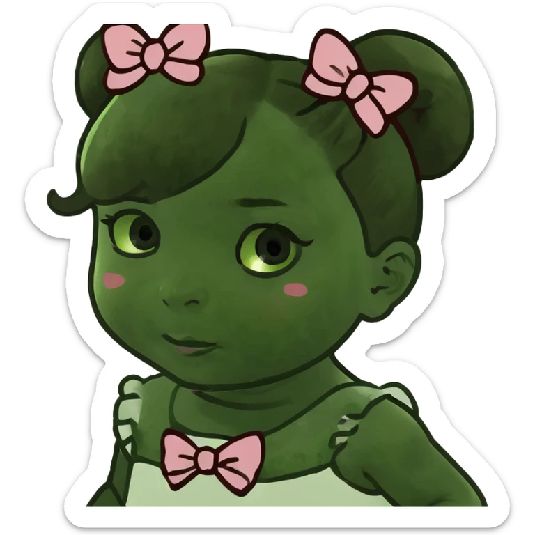 Brown hair, medium skin tone baby girl with bows on her hair, and wearing a white dress with rose designs on it  sticker