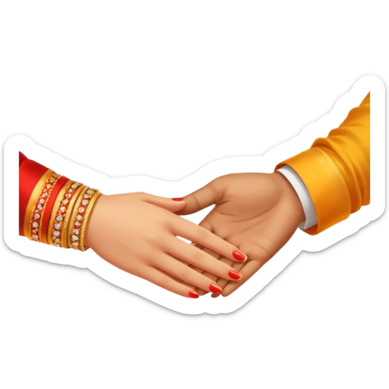 Two hands in a engagement..One hand of groom and one hand of bride. Bride hand - red/yellow saree. groom- light orange punjabi (oonly hands will be visible in the image) sticker