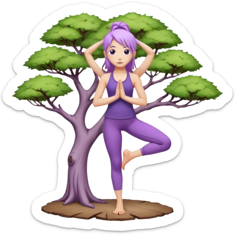 Девушка белокожая, со светло-фиолетовыми волосами, в одежде для йоги, стоит в позе дерева sticker