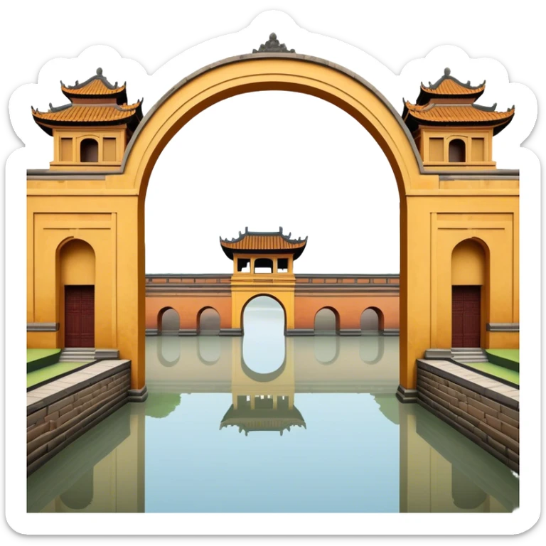 Cinematic Realistic Imperial City of Hue Landmark Emoji, capturing the ancient citadel’s weathered walls, intricate gates, and traditional Vietnamese architecture, surrounded by a misty, tranquil moat. sticker