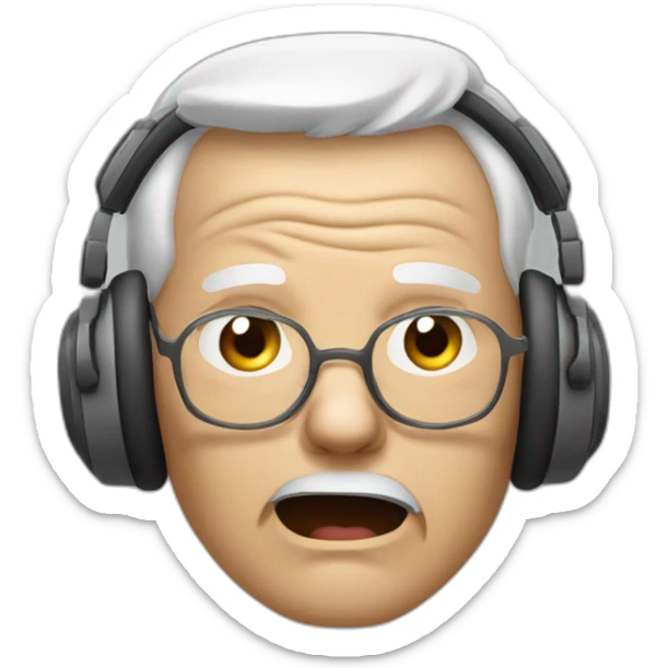 face of an elderly person with headphones on where you can see that only sound comes out from one side and the person is very angry sticker