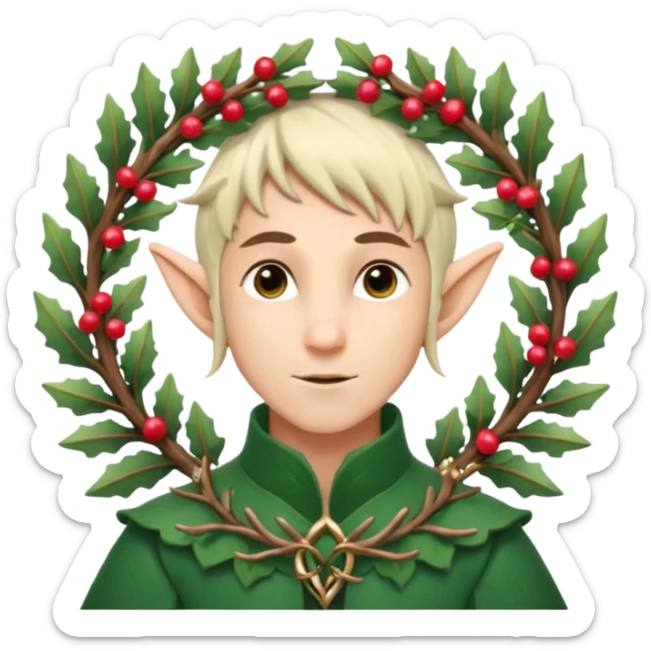 Fantasy elf portrait emoji, winter forest wreath made of pine branches and berries, elven ears visible, calm elegant expression, clean simple design, soft winter colors, flat emoji style, high readability, male variant
 sticker