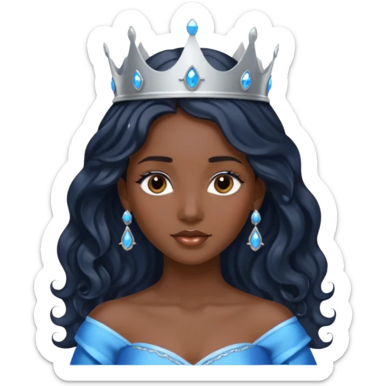 Por favor hazme el emoji de la princesa pero morena con el pelo negro y ondulado y largo, los ojos marrones y la corona plateada con jollas azules sticker
