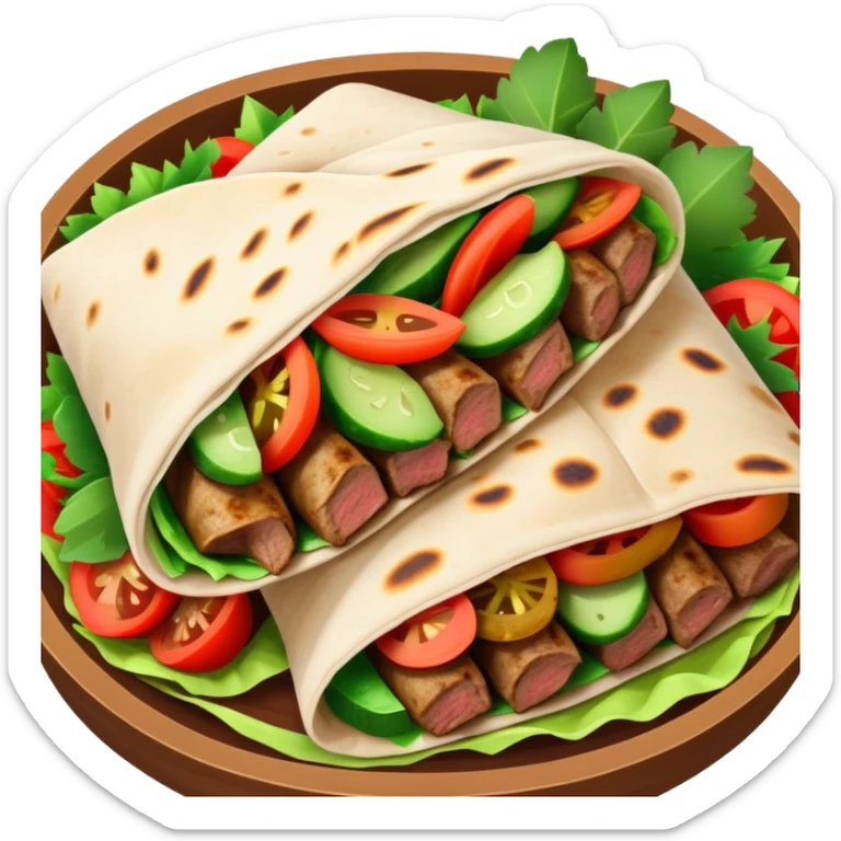 cinematic-realistic-gyros-dish-emoji,-showcasing-succulent,-spiced-meat-wrapped-in-pita-with-fresh-vegetables-rendered-with-lifelike-detail-and-dynamic,-appetizing-lighting. sticker