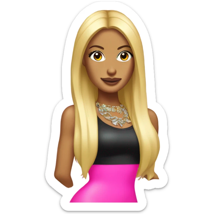 Tanned woman with long black hair, dressed in y2k Paris Hilton hair, makeup, and neon attire sticker