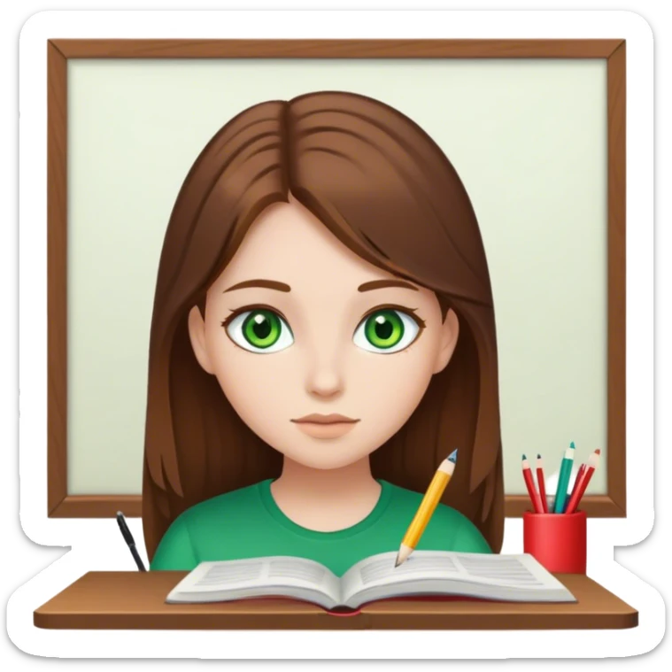 girl with brown hair and green eyes, white skin, studying sticker