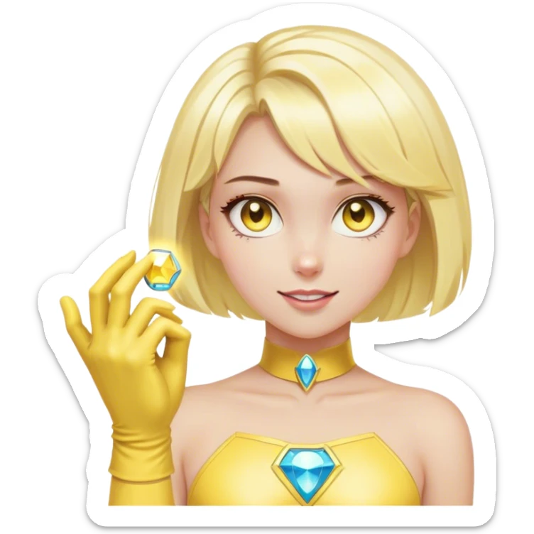 A girl thats in a superhero outfit , she has bob blond hair and has pastel yellow gloves with a gemstone stuck to the back of her hand, her eyes glowing yellow while her hand has light of joy coming from it sticker