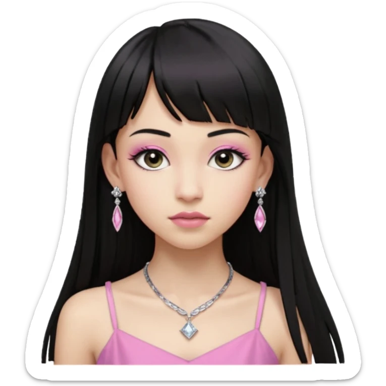 Cabelos pretos longos lisos ,com franja curvada .olhos pretos puxadinho para cima. Cílios longos curvados. Pele clara ,nariz pequeno ,lábios carnudos ,adolescente 16 anos ,vestido rosa de alça, colar pequeno prata ,brinco de diamante pequeno  sticker