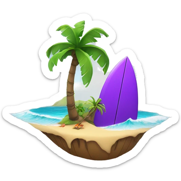 small island in the middle of the ocean with palm tree and purple cartoon Surfer sitting next to it with surfboard siting next to the palm tree sticker