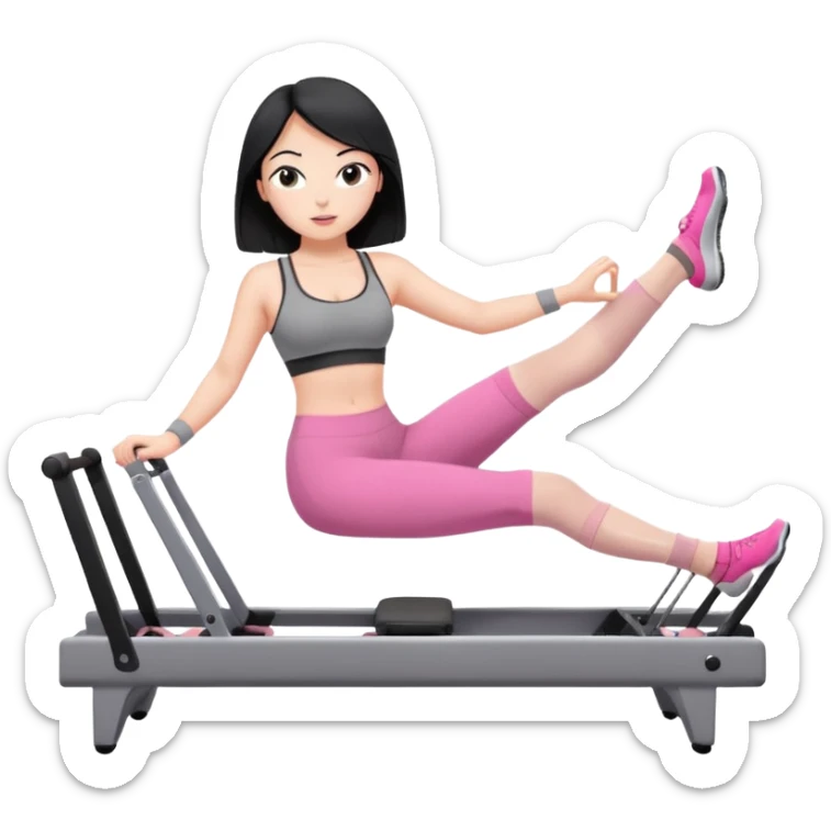 Create a Pilates emoji: a girl with fair skin and black hair, wearing a grey bra and leggings with pink socks, exercising on a pilates reformer and not looking at the camera sticker