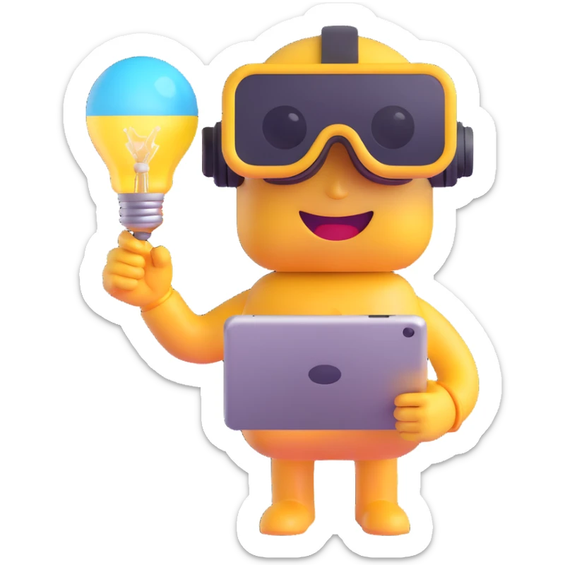 cute 3D glossy emoji character representing a New Media Education Pioneer, holding a digital tablet, wearing VR goggles, lightbulb above head symbolizing new ideas, expressive eyes full of curiosity, modern minimal design sticker