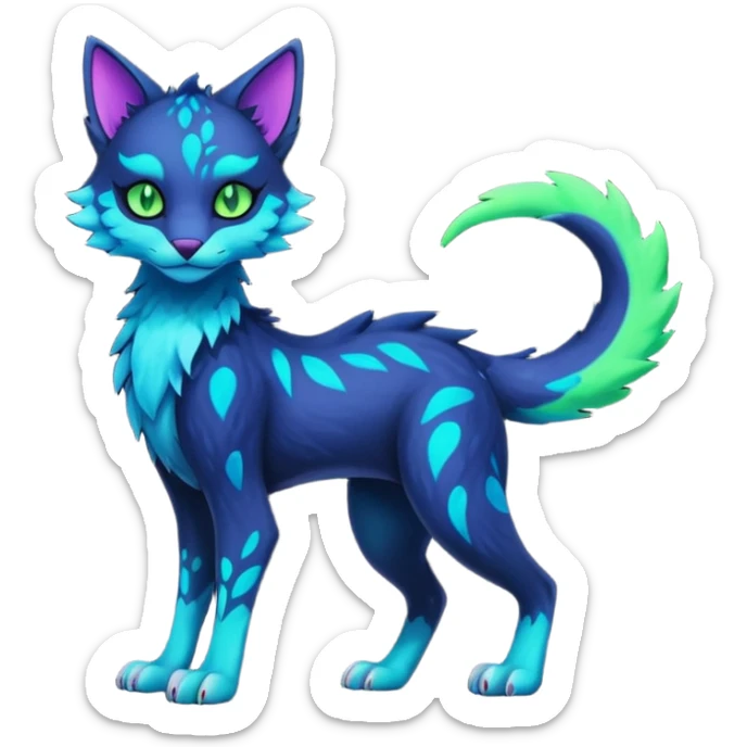 Kawaii dark edgy colorful vibrant neon glowing fantasy feline-vernid-sergal-fursona animal creature with a tufted tail full body with intricate markings  sticker