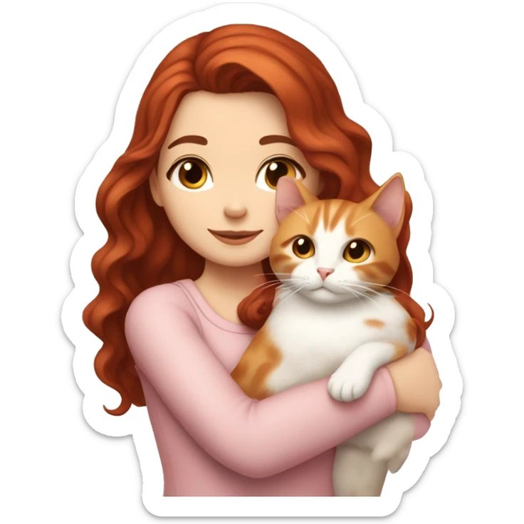 white girl with long very dark red wavy hair and dark brown eyes and light pink outfit hugging a white & ginger cat  sticker
