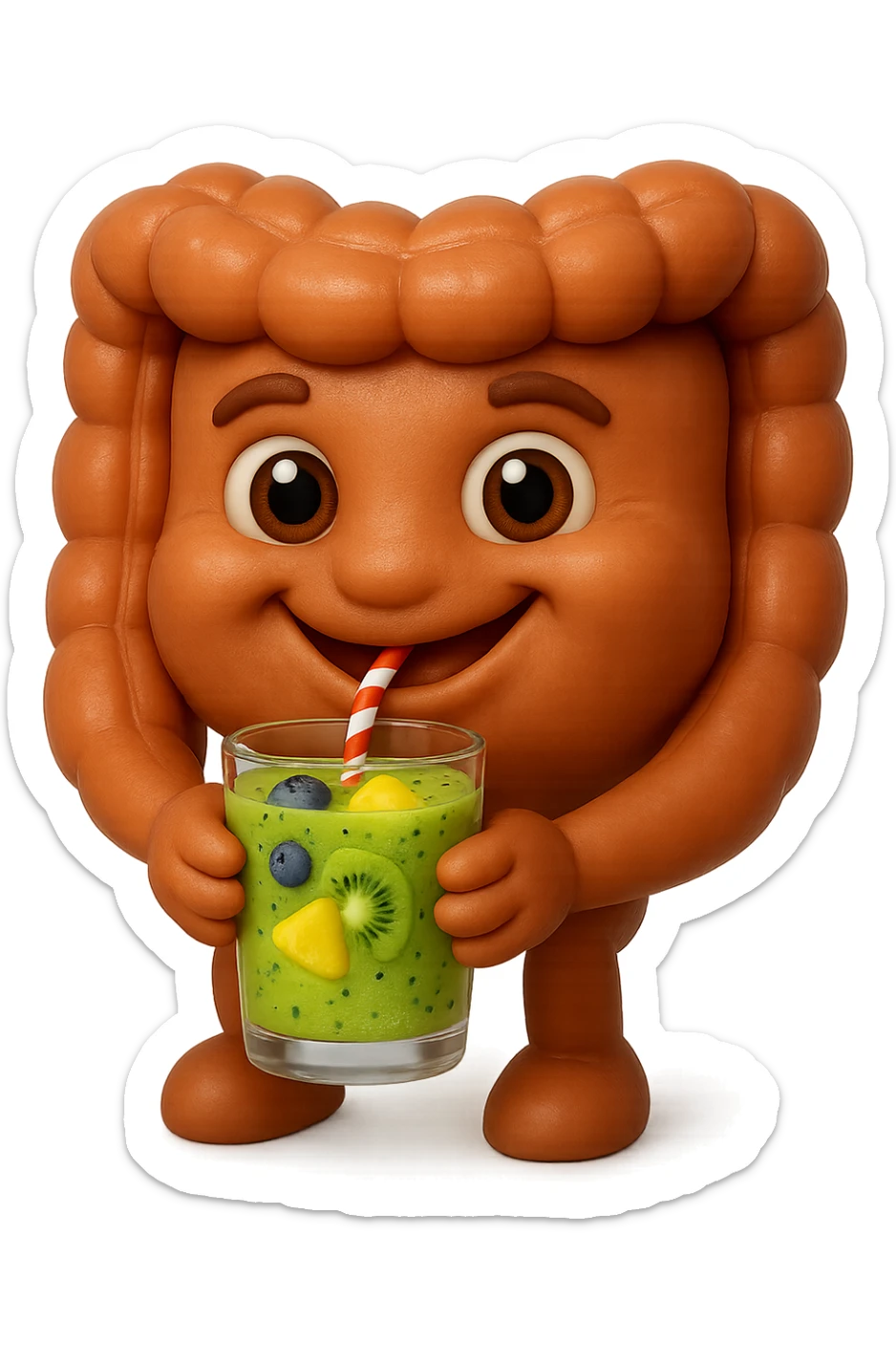 EMOJI STILE IPHONE DI un intestino umano anatomico che beve un frullato di mirtilli, ananas, kiwi, fagli anche la parte bianca degli occhi, non solo le pupille, REALISTICo 4K sticker