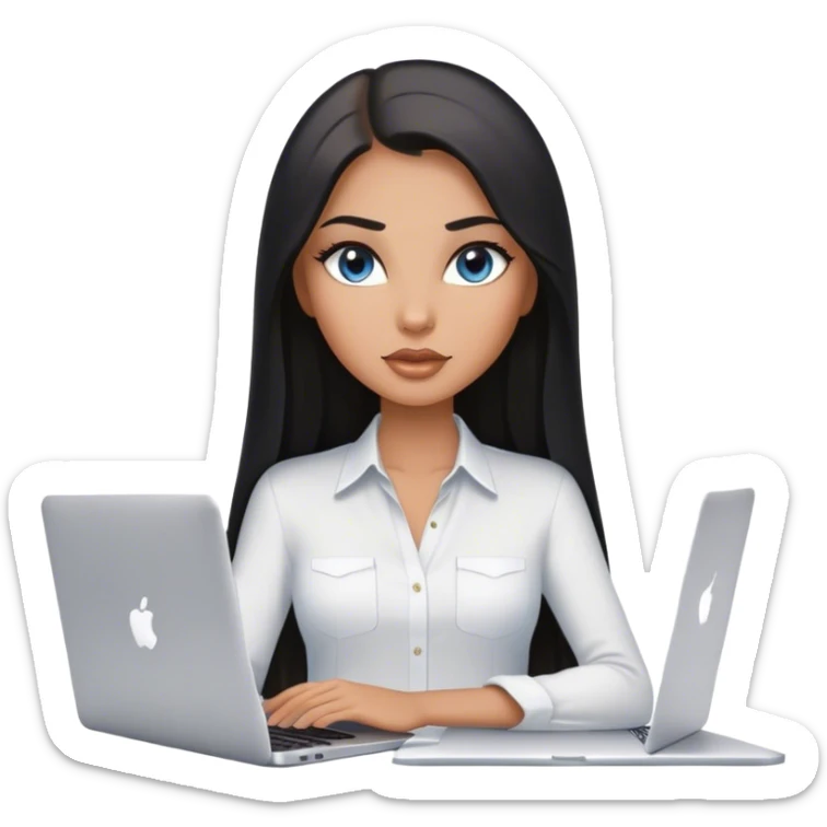 Glamours tanned very beautiful girl with pump nude lips and black straight smooth long hair, blue-grey eyes in white shirt with MacBook. sticker