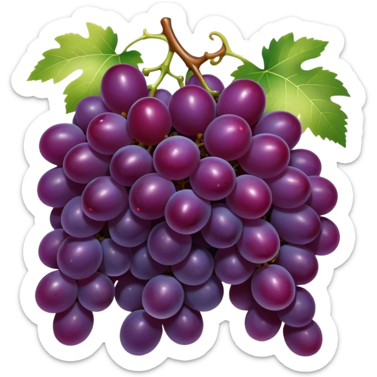 Cinematic Realistic Grapes Emoji, Clustered together in rich purple hues, with smooth, plump skins reflecting light in a glossy, delicate sheen. The stems curve slightly, holding the clusters together like a sweet, natural treasure. Soft glowing outline, capturing the essence of natural sweetness and richness in a bunch of ripe grapes! sticker