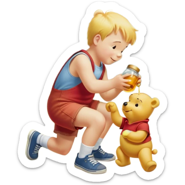 yellow teddy bear winnie the pooh is wearing a red t-shirt with the inscription "Winnie" eats honey from a jar happily communicates with his little friend Christopher Robin, Christopher Robin boy 10 years old is wearing a white shirt, red vest, denim shorts, white socks black sneakers  sticker
