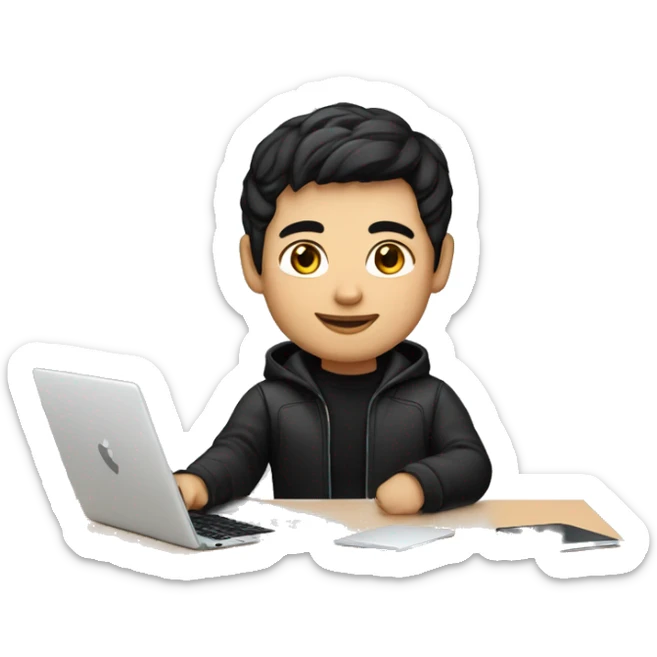 memoji of a man with a laptop in front, apple-style, fair white skintone, black jacket or hoodie,modern,black hair,black sweater,computer in hand,sitting on his desk sticker