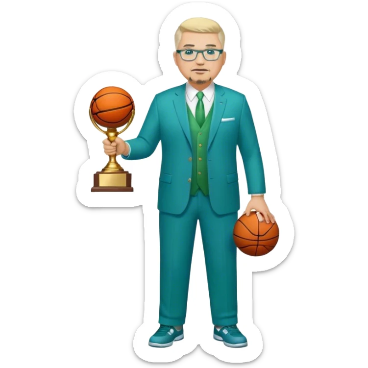 Full Body white fat male  wearing glasses with a goatee with light blonde gray very short hair basketball head Coach in blue and green suit holding trophy sticker