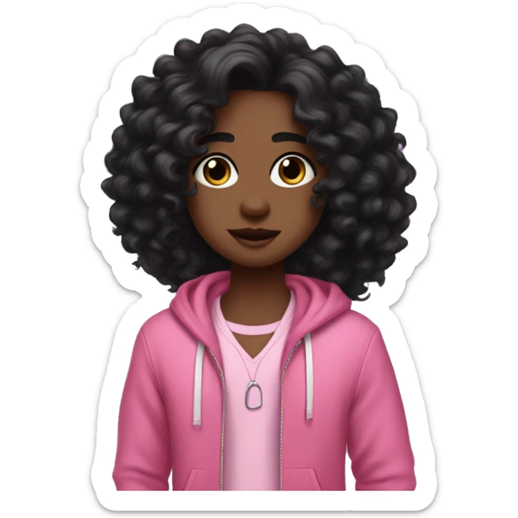 people that look aesthetic cutesy vibes and pink with black long voluminous curly hair. they have dark features and pink clothes sticker