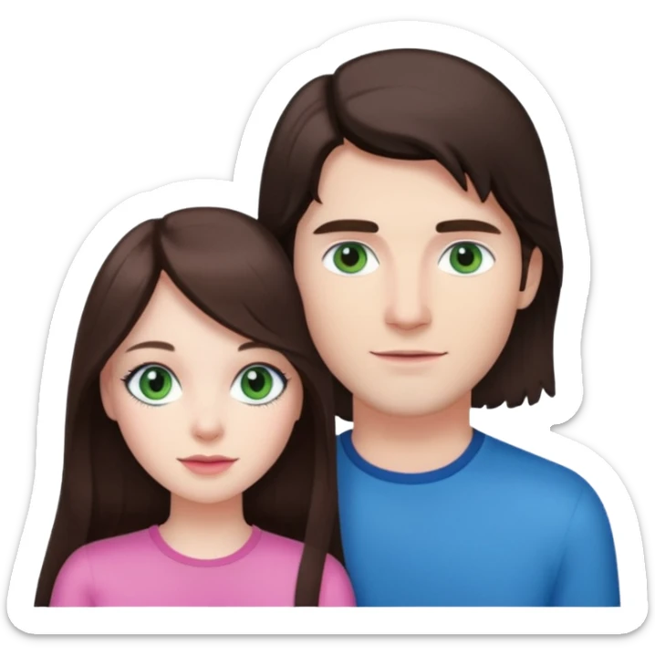 pink polaroid photo of a couple thats white with long brunette hair blue eyes and a white guy with short brunette hair and green eyes sticker