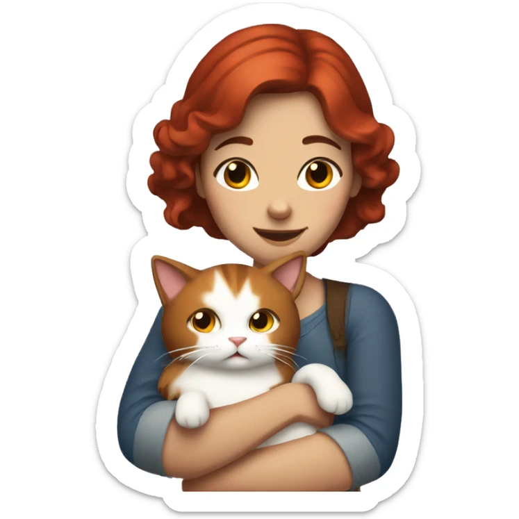 Woman with freckles and brown hair hugging Red and white cat  sticker