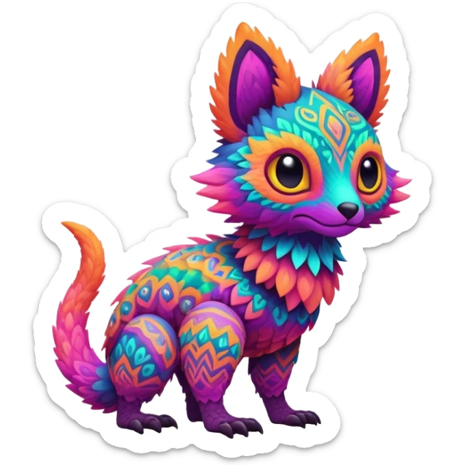 lush warm-colored colorful neon-colored Fakémon-Trico-creature (full body) sticker